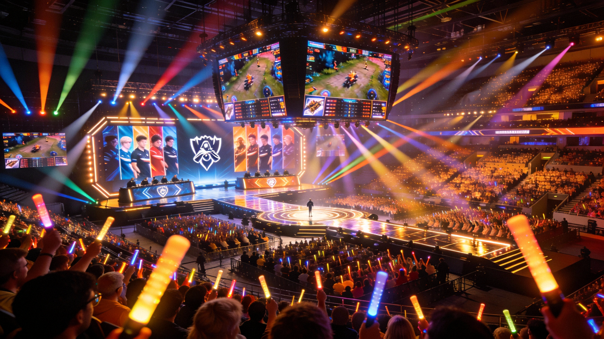 英雄联盟全球总决赛现场盛况 - 观众席座无虚席，舞台灯光璀璨